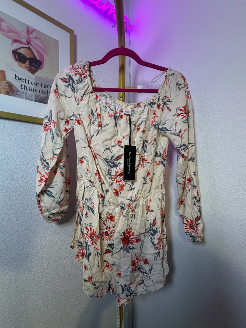 Wet Seal Floral Off-Shoulder Romper with Red & Green Accents NWT Size Medium